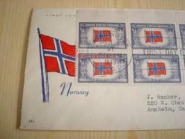 WWII, miehitetyt valtiot, Norja, 2. maailmansota, 1943, USA, ensipäiväkuori, FDC, kuudella postimerkillä. Katso myös muut kohteeni, mm. noin 1 200 erilaista