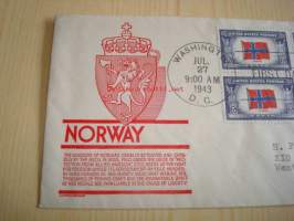 WWII, miehitetyt valtiot, Norja, 2. maailmansota, 1943, USA, ensipäiväkuori, FDC, neljällä postimerkillä. Katso myös muut kohteeni, mm. noin 1 200 erilaista