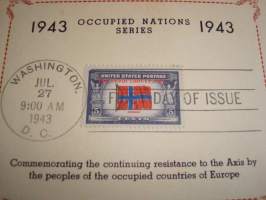 WWII, miehitetyt valtiot, Norja, 2. maailmansota, 1943, USA, ensipäiväkortti, FDC, harvinainen. Katso myös muut kohteeni, mm. noin 1 200 erilaista amerikkalaista