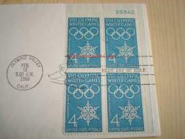 Talviolympialaiset, 1960, Olympic Valley, USA, ensipäiväkuori, FDC. Katso myös muut kohteeni, mm. noin 1 200 erilaista amerikkalaista ensipäiväkuorta