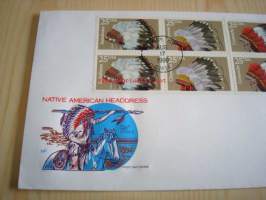 Intiaanipäähineet, Native American Headdress, 1990, USA, ensipäiväkuori, FDC, normaalia isompi, kymmenellä postimerkillä. Katso myös muut kohteeni, mm. noin