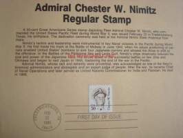 Amiraali Nimitz, 2. maailmansota, WWII, 1985, USA. 3 erilaista ensipäiväkuorta, Souvenir Page ensipäiväleimalla ja postimerkillä sekä esittelyvihkonen. Katso