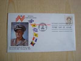 Amiraali Nimitz, 2. maailmansota, WWII, 1985, USA. 3 erilaista ensipäiväkuorta, Souvenir Page ensipäiväleimalla ja postimerkillä sekä esittelyvihkonen. Katso