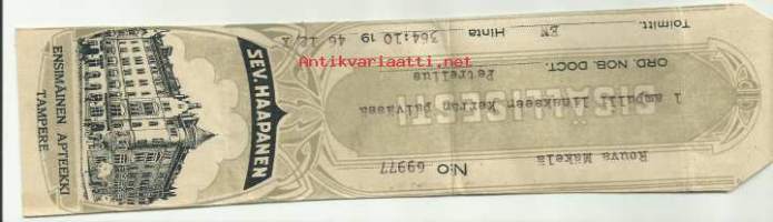 Ensimmäinen Apteekki Tampere Sev. Haapanen, resepti  signatuuri  1946