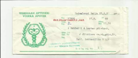 Voikkaan Apteekki  reseptipussi resepti  signatuuri  1969