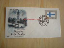 Turun Tuomiokirkko, Aurajoki, Finland, Flags of the United Nations, 1985, USA, ensipäiväkuori, FDC, hieno. Katso myös muut kohteeni, mm. noin 1 200 erilaista