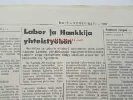 Koneviesti 1968 nr 19, sis. mm. seur. artikkelit / kuvat / mainokset; Kaksivipuohjaus traktorikaivurissa Moottorisahat 1968 ryhmäesittely kuvat ja tekniset tiedot,