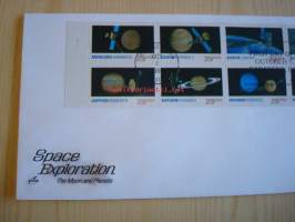Space Exploration, the Moon and the Planets, 1991, USA, ensipäiväkuori, FDC, normaalia isompi kuori ja siinä kaikki sarjan 10 erilaista postimerkkiä. Katso