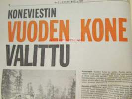 Koneviesti 1969 nr 1, sis. mm. seur. artikkelit / kuvat / mainokset; Kotimainen monitoimikone Pika-50 karsii ja katkoo, TR-Hydropankko - Hydraulinen painonsiirto