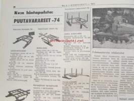Koneviesti 1974 nr 3, sis. mm. seur. artikkelit / kuvat / mainokset; Salaojitus tehokkaan viljelyn perusta, RAI maatalousnäyttely 1974, Kokeilussa Homelite 350,
