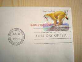 Sapelihammaskissa, Saber-tooth Cath, Prehistoric Animals, 1996, USA, ensipäiväkuori, FDC. Katso myös muut kohteeni, mm. noin 1 200 erilaista amerikkalaista