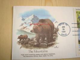Grizzly Bear, The Mountains, 1981, USA, ensipäiväkuori, FDC. Katso myös muut kohteeni, mm. noin 1 200 erilaista amerikkalaista ensipäiväkuorta 1920-luvulta