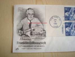 Presidentti Franklin D. Roosevelt, 1982, USA, ensipäiväkuori, FDC. Katso myös muut kohteeni, mm. noin 1 200 erilaista amerikkalaista ensipäiväkuorta