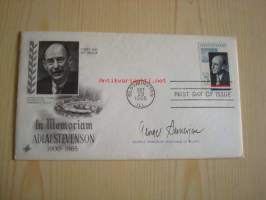 Adlai Stevenson, 1965, USA, ensipäiväkuori, FDC, kuoressa postimerkin suunnittelijan: George Samerjan nimikirjoitus. Katso myös muut kohteeni, mm. noin 1 200