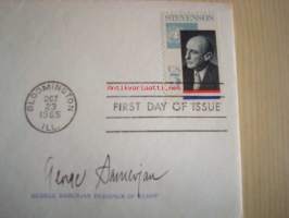 Adlai Stevenson, 1965, USA, ensipäiväkuori, FDC, kuoressa postimerkin suunnittelijan: George Samerjan nimikirjoitus. Katso myös muut kohteeni, mm. noin 1 200