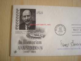Adlai Stevenson, 1965, USA, ensipäiväkuori, FDC, kuoressa postimerkin suunnittelijan: George Samerjan nimikirjoitus. Katso myös muut kohteeni, mm. noin 1 200