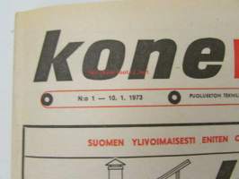 Koneviesti 1973 nr 1, sis. mm. seur. artikkelit / kuvat / mainokset;Esittelyssä Valmet 702 traktori, Lame-kylmäilmakuivuri, Vaihtoehtona pakettikuivuri, Testissä