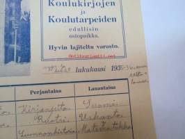 Weilin &amp; Göös Kirjakauppa (Jyväskylä?) - lukujärjestys 1935-36 -school timetable