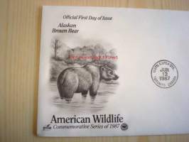 American Wildlife, Alaskan ruskea karhu, 1987, USA ensipäiväkuori, FDC. Katso myös muut kohteeni, mm. noin 1 200 amerikkalaista ensipäiväkuorta 1920-luvulta