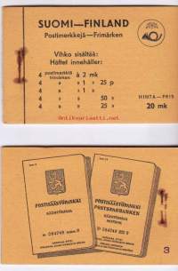 Postimerkkivihko Suomi V2: Käyttömerkkejä **.4 x 2mk, 4 x 1,25 mk, 4 x 50p ja 4 x 25p.  Takalehdellä numero 3.