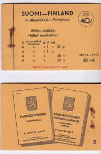 Postimerkkivihko Suomi V2: Käyttömerkkejä **.4 x 2mk, 4 x 1,25 mk, 4 x 50p ja 4 x 25p.  Takalehdellä numero 3.