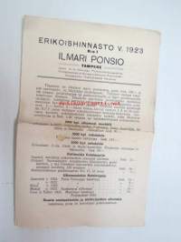 Erikoishinnasto v. 1923 nr 1 Ilmari Ponsio, Tampere -postimerkkien myyntiluettelo -stamps, sales catalog