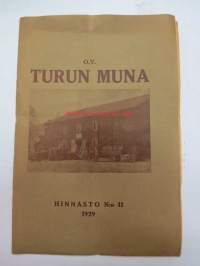 Kanaloille rehuja, ruokintavälineitä, hoitovälineitä, hautomakoneita, keinoemoja - Oy Turun Muna - Hinnasto nr 11 1929 kananrehujen ja  ja kanatalouden