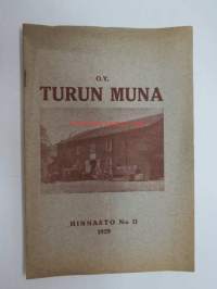 Kanaloille rehuja, ruokintavälineitä, hoitovälineitä, hautomakoneita, keinoemoja - Oy Turun Muna - Hinnasto nr 11 1929 kananrehujen ja  ja kanatalouden