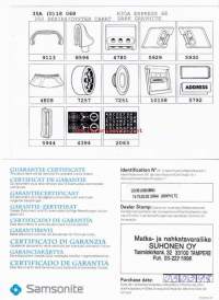 Samsonite-matkalaukun (74753539 dark graphite) käyttöohje, takuutodistus, nimi- ja rengastarrat alkuperäisessä paketissa.