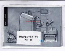 Samsonite-matkalaukun (80253589 dark graphite, Tiffany)käyttöohje, takuutodistus, nimitarrat alkuperäisessä paketissa.