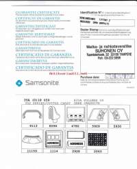 Samsonite-matkalaukun (80253589 dark graphite, Tiffany)käyttöohje, takuutodistus, nimitarrat alkuperäisessä paketissa.