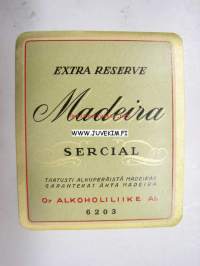 Alko Madeira Extra Reserve Sercial -viinaetiketti 1930-luvulta ( v.vihreä tausta)