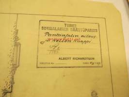 Turun Suomalainen Säästöpankki - pankinsalin ailaus ja kellon kaappi - Albert Richardson 1927 -rakennepiirustus -construction plan, old copy