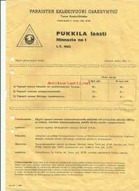 Paraisten Kalkkivuori Oy / Pukkila laasti hinnasto 1962 - firmalomake