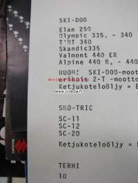 Esso huoltotiedotus -moottorikelkkojen voitelusuositustaulukko