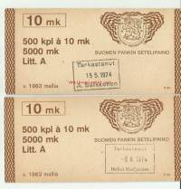 Setelinipun tarkistuslipuke 10 markkaa 1963 Litt A 2 kpl