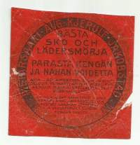 Parasta nahan ja kengän voidetta tuote-etiketti, painettu Björkellin kivipainossa 1900-luvun vaihteessa