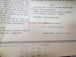 Lag angående arbetsförhållande inom handels-, kontors och nederlagsrörelserna. Utfärdad i Helsingfors, 24 oktober 1919, med förändringar av den 29 maj 1922