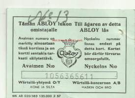 Abloy lukko - takuutodistus 1950-luku