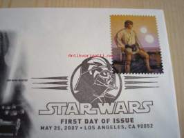 Star Wars, Luke Skywalker, 2007, USA, ensipäiväkuori, FDC, hieno. Katso myös muut kohteeni, mm. noin 1 200 erilaista amerikkalaista ensipäiväkuorta