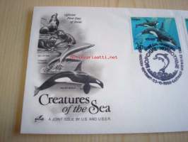 Creatures of the Sea, 1990, USA &amp; CCCP Neuvostoliiton postimerkit ja ensipäiväleimat, ensipäiväkuori, FDC, hieno ja harvinaisempi. Katso myös muut kohteeni,