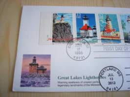 Great Lakes Lighthouses, Majakka, combo 1995 &amp; 2013, USA, ensipäiväkuori, FDC, hieno, 6 erilaista postimerkkiä. Katso myös muut kohteeni, mm. noin 1 200