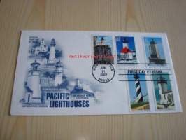 Pacific Lighthouses, majakka, 2007, USA, ensipäiväkuori, FDC, hieno, 5 erilaista postimerkkiä. Katso myös muut kohteeni, mm. noin 1 200 erilaista amerikkalaista