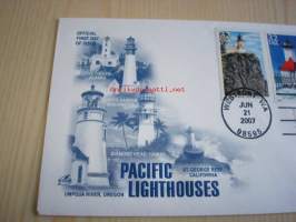 Pacific Lighthouses, majakka, 2007, USA, ensipäiväkuori, FDC, hieno, 5 erilaista postimerkkiä. Katso myös muut kohteeni, mm. noin 1 200 erilaista amerikkalaista