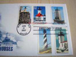 Pacific Lighthouses, majakka, 2007, USA, ensipäiväkuori, FDC, hieno, 5 erilaista postimerkkiä. Katso myös muut kohteeni, mm. noin 1 200 erilaista amerikkalaista