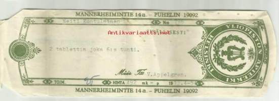 Yliopiston Apteekki Helsinki 1954  - resepti signatuuri