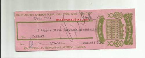 Kauppatorin  Apteekki Turku 1960  - resepti signatuuri