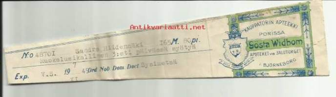 Kauppatorin Apteekki Porissa Gösta Widbom 1949  - resepti signatuuri