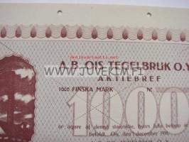 Ab Ois Tegelbruk Oy, Ois (Oitti) 1 000 mk -osakekirja / share certificate