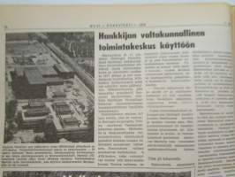 Koneviesti 1976 nr 21, sis. mm. seur. artikkelit / kuvat / mainokset; Kontti korkealle kippivaunulla, HOrsman konetehtaan Emma levittää lannan, Koneita